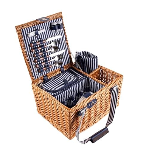 Image of Wickerfield Picnic Basket for 2/4 People, Insulated Small Wicker Picnic Baskets with Lid, Cooler Compartment, Wicker Basket Picnic Hamper Set 2 Person / 4 Person (4 People, Navy, Carry-on Handle)