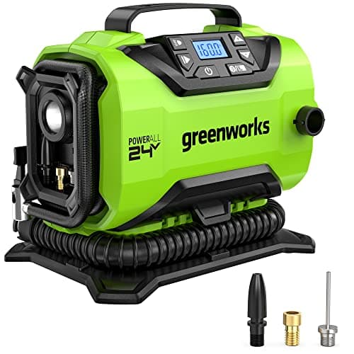 Image of Greenworks G24IN Battery Air Pump, 11 Bar, Low or High Pressure, Automatic Shut-Off with 3 Adapters and 0.5 m Hose, Without 24 V Battery and Charger, 3 Year Warranty