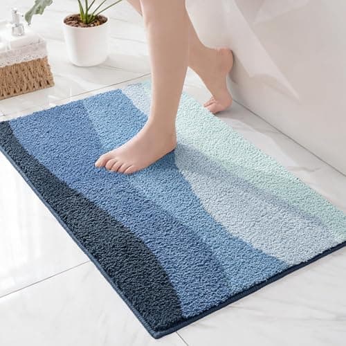 Image of Exclusivo Mezcla Microfiber Bath Mat 40x60 CM, Extra Soft Non-Slip Super Absorbent Bathroom Mats, Machine Washable Quick Dry Bath Rugs for Bathroom Floor, Shower, Home Decor, Waved Blue