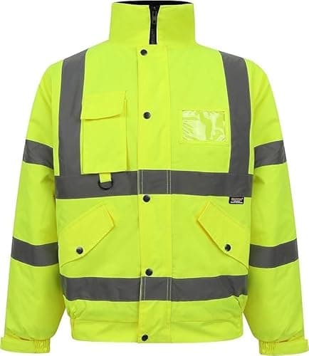 Image of Hi Vis Bomber Jacket Waterproof Safety Workwear – Reflective High Visibility Coat with Padded Lining, Durable Wind Resistant Outdoor Work Jacket (UK, Alpha, M, Regular, Regular, Yellow)