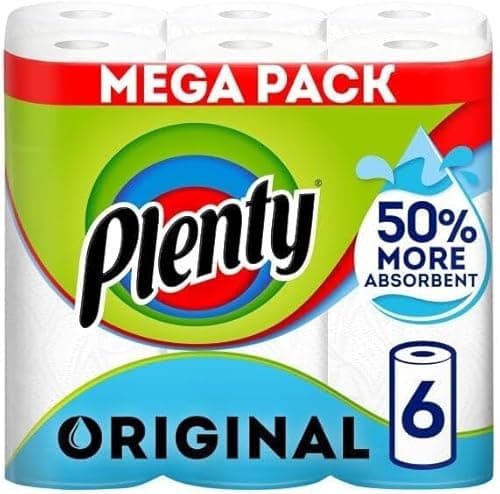 Image of Plenty Kitchen Towel 6 White Rolls – 600 Sheets Strong 2-Ply Kitchen Roll | Super Absorbent Paper Towels for Kitchen Cleaning, Spills & Household Use