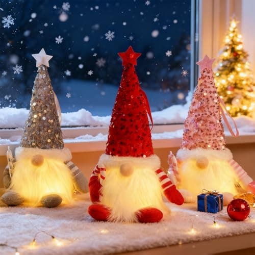 Image of Light Up Gnome Christmas Decorations, Christmas Gonks Night Lights, Swedish Santa Gnome with Glitter Hat, Gonk Elf Ornaments for Indoor Xmas Holiday Party Table Home Decor, Kids Children Gifts(3Pcs)