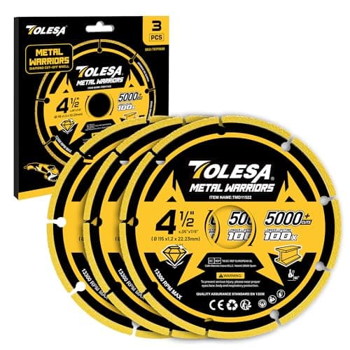 Image of TOLESA Diamond Metal Cutting Discs 115 x 22.23mm, Cut Off Wheel with 5000+ Cuts on Rebar, Steel, Iron and INOX, 3 PCS