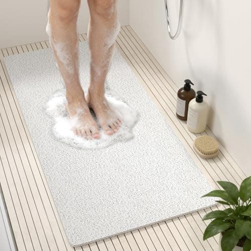 Image of HITSLAM Bath Mat Non Slip Anti Mould, 88 x 40 cm Long Soft PVC Loofah Shower Mat for Inside Shower, Bathtub Mat without Suction Cups, Quick Drying Bath Tub Mat for Bathroom, Easy to Clean, White