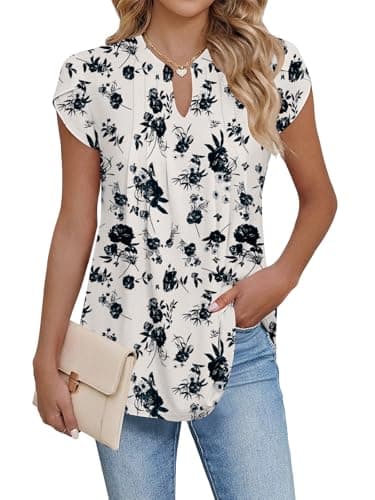 Image of Cuptacc Womens T Shirts V Neck Short Sleeve Women's Blouses Shirts Elegant Going Out Tops Summer White Black Floral, Medium M 12-14