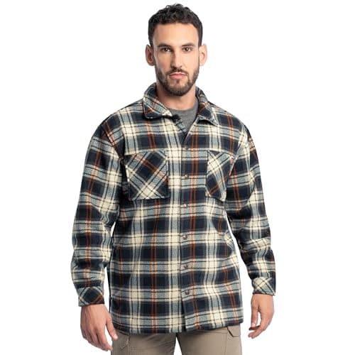 Image of Wrangler Riggs Men's Burley Sherpha Bonded Flannel Overshirt, Navy/Multi Plaid, 3X-Large