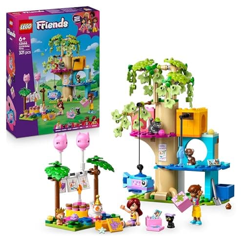 Image of LEGO Friends Cat Birthday Party & Tree House Toy - incl. 2 Mini Dolls & 5 Animal Figures plus a Rotating Table, Pinata & Fun Accessories - Creative Gift for 6+ Year Old Girls - 42666