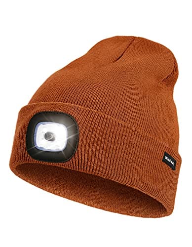 Image of Rechargeable LED Lighted Beanie, Perfect Dad Gifts in Christmas, Stocking Fillers Cap with Light Hands Free Head Torch Unisex Winter Warm Knit Beanie Dark Orange