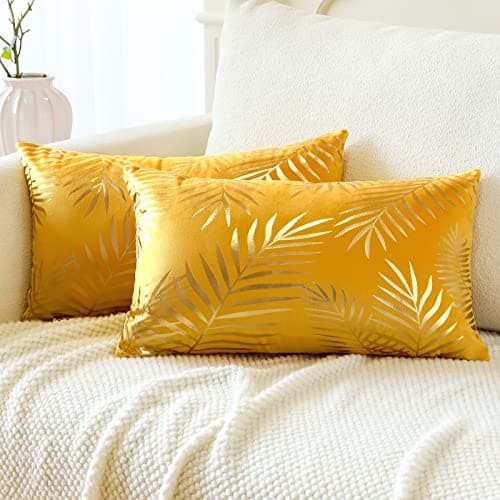 Image of JOTOM Set of 2 Cushion Covers Velvet Decor Throw Pillow Covers Gold Leaves Decorative Pillow Cases Bronzing Flannelette Cushion Cover for Couch Bedroom Sofa Car Home Living Room Decor 30x50cm (Yellow)