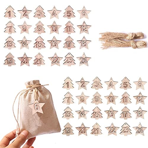 Image of DAHI 48pcs Number Wooden Calendar, Christmas Countdown Advent Calendar Numbers Wooden Number 1-24 Craft for Christmas Tree Decoration, Hanging Ornaments(star tree)