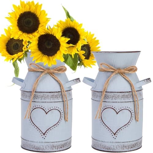 Image of Dicunoy 2 PCS Metal Vases for Flowers,19cm Shabby Chic Flowers Vase for living Room, Vintage Galvanized Milke Can, Farmhouse Rustic Decorative, Smilk Churn Planter, Shabby Chic Home Accessories