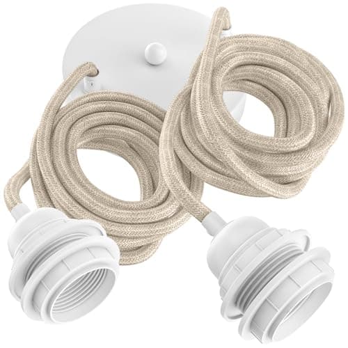 Image of Hoopzi - Pendant Light 2 Bulbs - 2,5m - Linen Cable - Chandelier for Living Room, Kitchen, Bedroom - Model Hang 2 Linen Natural White Pavilion