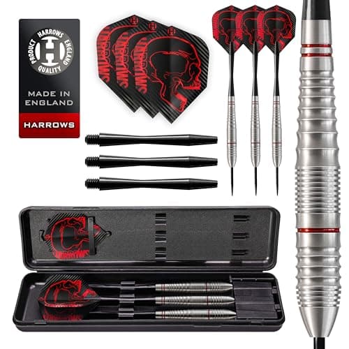 Image of Harrows Rage, Tungsten Style Darts, Steel Tip Darts Set 21g, 22g, 23g, 24g - Includes Black Speedline Shafts, Micron Rage Flights & Travel Case