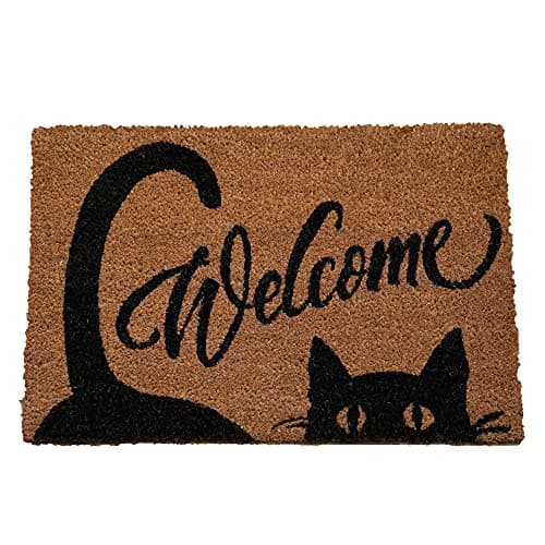 Image of ED Black Cat Door Mat Non-Slip Natural Coir Indoor & Outdoor Welcome Mat 60 x 40cm
