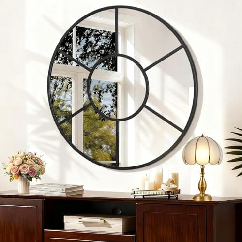 Image of WDSHIYI Black Circle Mirror, Round Wall Mounted Mirror Metal Framed Decorative Hanging Mirror for Bathroom Living Room Bedroom Entryway 50 CM Decor Modern Artistic