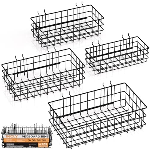 Image of INCLY 4 Pack Pegboard Baskets Bins Set, 4 Size Square Style Black Metal Wire Basket for Any Peg Board Organizing Tools, Pegboard Accessories for Workbench Garage Wall Storage Attachments