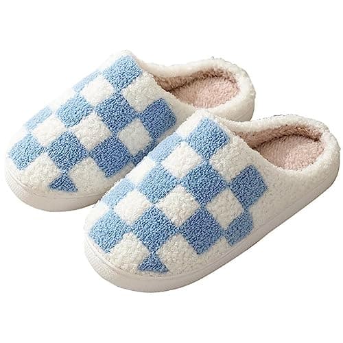 Image of KEYUSHOP Women Fluffy Slippers Checkerboard Grid Slippers Soft Plush Ladies Slippers Non-Slip Winter Warm House Shoes Bedroom Cloud Sliders for Indoor Outdoor