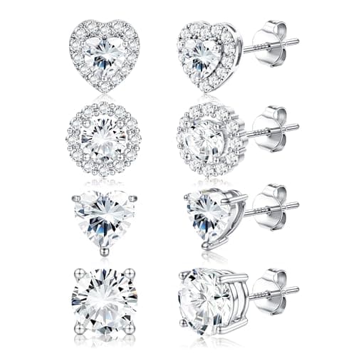 Image of Dochais 4 Pairs Cubic Zirconia Stud Earrings for Women Men Hypoallergenic Diamond Earrings 925 Sterling Silver Studs Earring 14K Gold Plated Round Heart Brilliant Diamante Earring Set Silver B