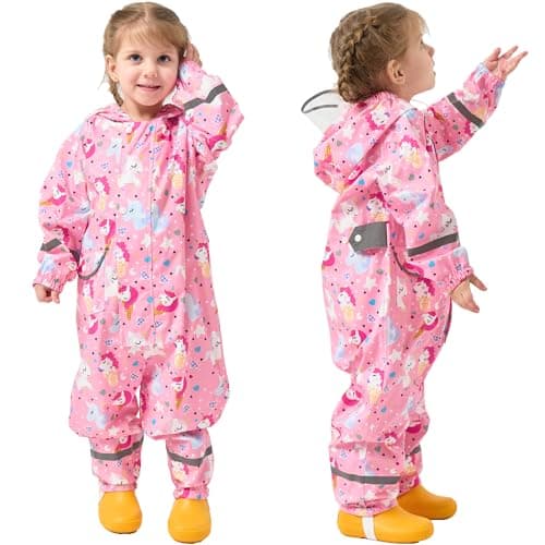 Image of Fewlby Puddle suit Waterproof Overalls for Kids, Girls Rain Suit Pink Unicorn Muddy One-Piece Raincoat Hoodie, 2-5 Years M Size