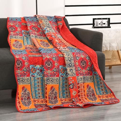 Image of Qucover Single Bedspreads Soft Cotton Microfiber Patchwork Quilt Bedspreads Single 150x200 cm, Flower Pattern Mixed Orange Blue Colors Quilted Bed Throws for Bedroom Decor