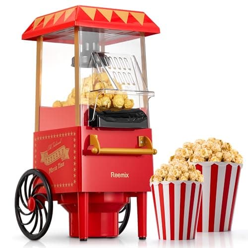 Image of Popcorn Maker, Reemix 1200W Electric Popcorn Machine, No Oil, Homemade Fresh Popcorn in Under 3 Minutes, Uses Hot Air, Detachable Cover, Parties, Movie Nights, Kids Birthday Party Favorites, Red