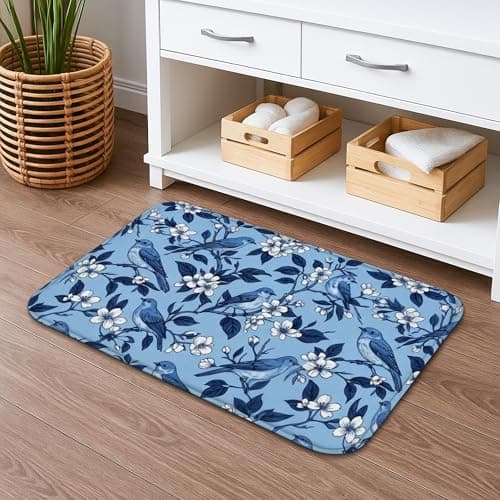 Image of Blue Floral Quick Dry Bath Mat, Vintage Bird Pattern Absorbent Non Slip Shower Mat, Spring Decorative Flannel Washable Bath Rugs for Bathroom Toilet Restroom 20x32 Inch