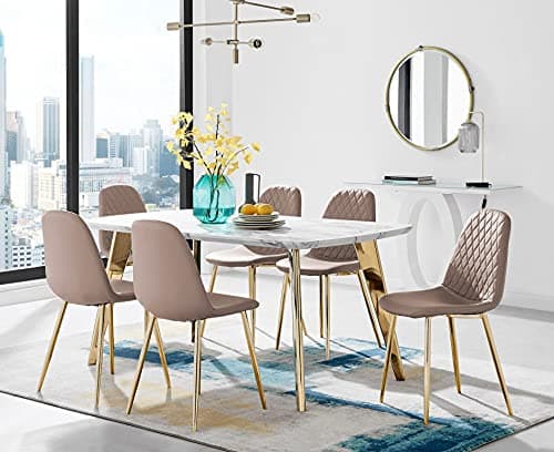 Image of Furniturebox UK Andria Gold Leg Marble Effect Dining Table and 6 Cappuccino Corona Gold Leg Dining Chairs