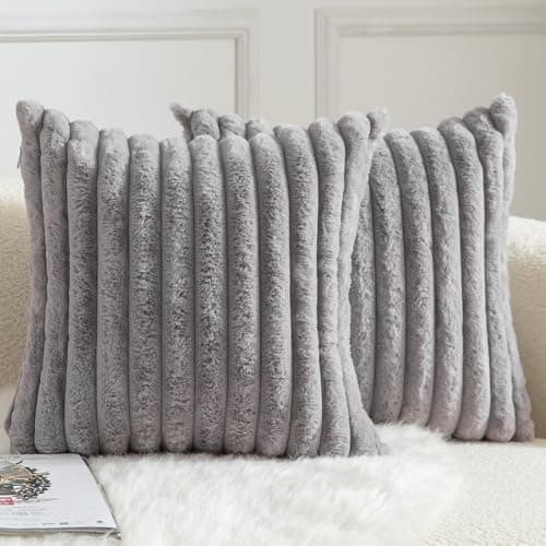 Image of Mandioo Pack of 2 Decorative Cushion Covers 30cm x 50cm Faux Fur Striped Plush Soft Throw Pillow Covers Pillow Cases Bedroom Living Room Sofa Home 18x18 Inch Grey