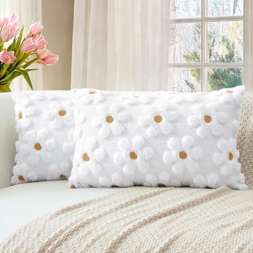 Image of Artscope Spring Summer Daisy Cushion Covers Set of 2 Flowers Throw Pillow Covers for Sofa 40x60cm Lumbar Seasonal Soft Plush Short Wool Velvet Cushion Case Holiday Decor White