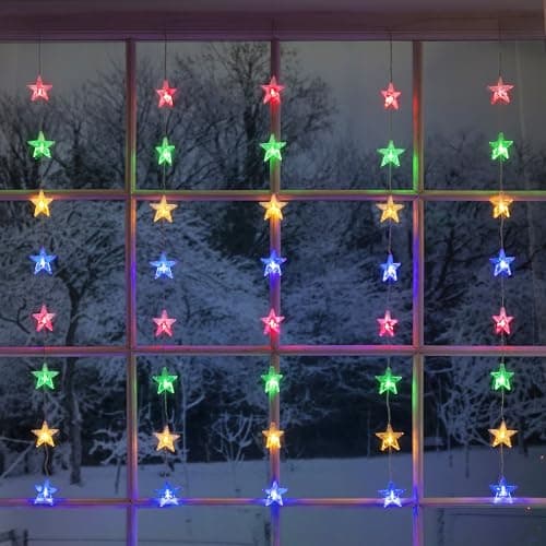 Image of CHRISTOW Christmas Curtain Lights for Windows 1m x 1m, 40 Acrylic Multi-Coloured LED Star Pendants, Battery Operated with Timer, Indoor & Outdoor, Home Garden Xmas Fairy String Lighting