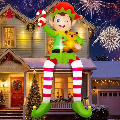 Image of Fayavoo 10FT Christmas Inflatables Outdoor Decorations, Giant Sitting Elf Inflatable Christmas Decorations Outdoor With Built-in LEDs, Blow Up Elf Decorations for Xmas Roof Balcony Lawn Decor