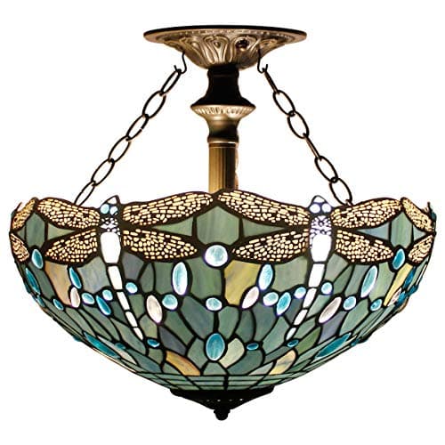 Image of WERFACTORY Tiffany Ceiling Light Fixture Sea Blue Stained Glass Dragonfly Semi Flush Mount Lamp Wide 16 Inch Height 15 Inch Tiffany Ceiling Lamp S147 Series