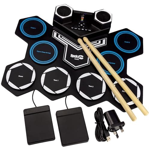 Image of RockJam Roll Up Rechargeable Electric Drum Kit with Bluetooth, Midi, USB & Drumsticks