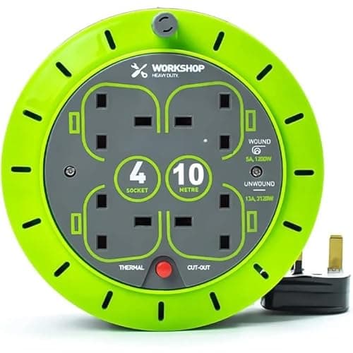 Image of Bargain House 4 Socket Cassette Reel Extension Lead, 13 AMP Thermal Cut Out, Ideal for Garden, Garage, Construction Sites, Outdoor Events and Activities, 10m Green