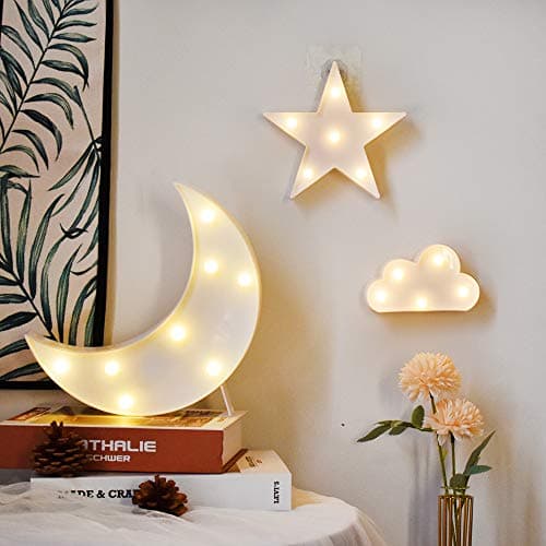 Image of GUOCHENG Moon Star Cloud Night Light Set Battery Operated LED Marquee Sign Decorative Night Table Lamps for Baby Children Bedroom Nursery(White)