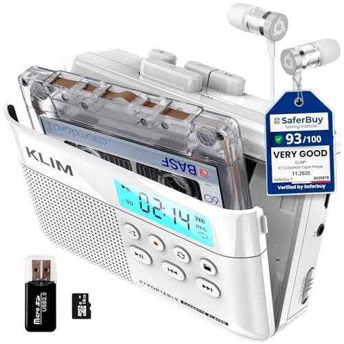 Image of KLIM K7 Cassette Tape Player - Cassette to MP3 Converter - Portable Player - Tape Recorder with Built-in Microphone & Speaker - Rechargeable Battery - Earphones - 16GB SD Card - White