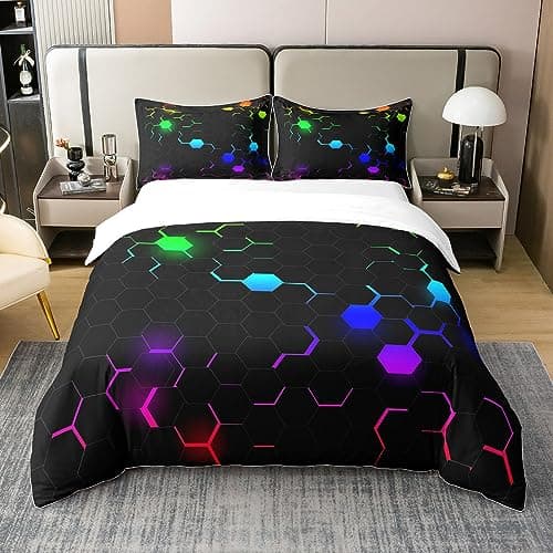Image of Homewish Modern Metal Honeycomb 100 Cotton Duvet Cover Super King,Colorful Ombre Geometric Bedding Set,Hexagon Beehive Comforter Cover,Kids Boys Girls Honeycomb Quilt Cover with 2 Pillowcases,Green