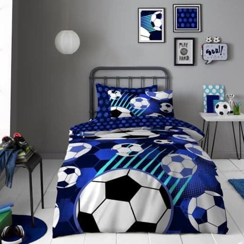 Image of Lions Blue Football Bedding Single Bed - Boys Duvet Cover Set with Matching Pillowcase (135 x 200 cm) - Soft Polycotton Reversible Soccer Printed Quilt Covers, Button Closure