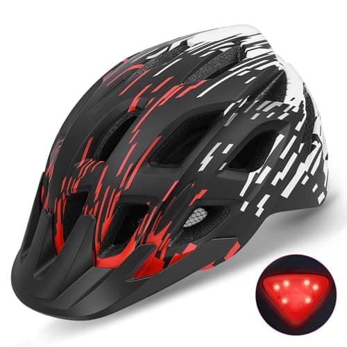 Image of Bike Helmet, Lightweight Bicycle Helmets with Tail Light & Detachable Visor, 21 Vents Cycling Helmet for Adults, Mountain & Road Cycle Helmet for Men Women Adjustable Size 57-61cm (Black+Red)
