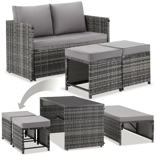 Image of tectake® 4-Piece 2-in-1 Rattan Garden Furniture Set, Incl. Garden Bench, Table & 2 Footstools with Cushions, Durable Polyrattan & Steel Frame, Outdoor Furniture Set for Patio, Balcony, Garden - Grey