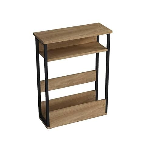 Image of URBNLIVING Modern 3-Tier Slim Coffee Side Oak Table with Storage, Newspaper Magazine Shelf Rack, Skinny Compact Nightstand, Space-Saving Bedside Sofa End Desk for Small Spaces
