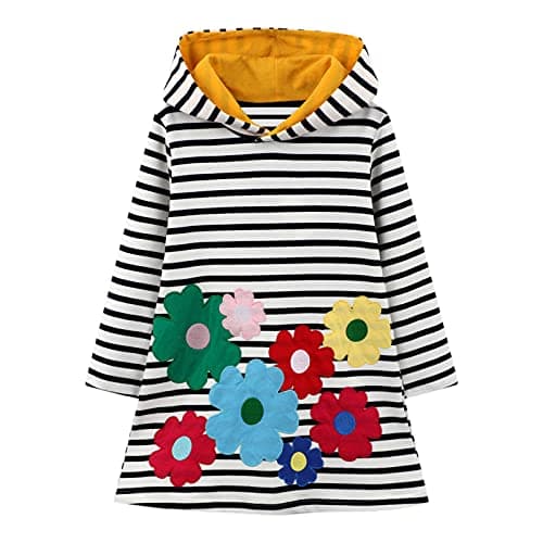 Image of Baogaier Kids Girls Hooded Dress Stripe Flower Hoodies Pullover Sweatshirt Jumper Long Sleeves Cotton Applique Spring Autumn Winter Causal Hoody Dresses Tops Sweater Outfits Little Girl Age 3-4 Years