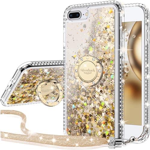 Image of Miss Arts [Silverback] Moving Liquid Holographic Sparkle Glitter Case for iPhone 7/8 Plus - Gold With Stand, Bling Diamond Ring, Shockproof Protection