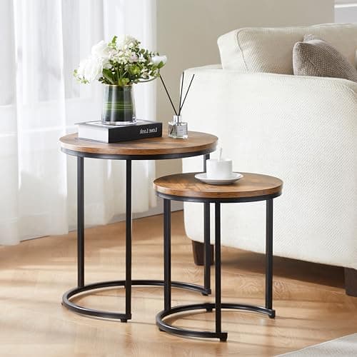 Image of Vida Designs Brooklyn Nest of 2 Round Tables Living Room Stacking side End Tables Metal Frame (Dark Wood)