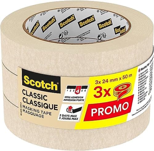 Image of Scotch Masking Tape Classic Premium Beige, Promo Pack of 3 Rolls, 24 mm x 50 m - Adhesion - Painters Masking Tape for Indoor Painting and Decorating