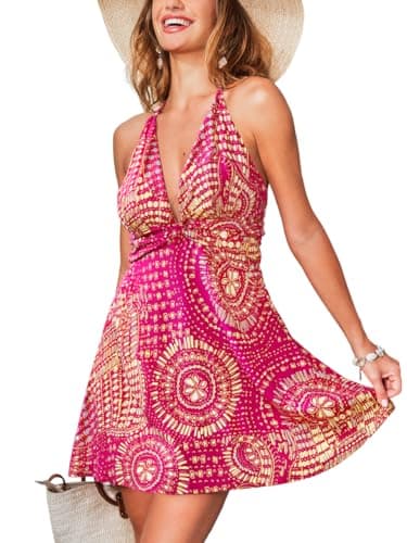 Image of CUPSHE Women Summer Mini Dress Halter Neck Sexy Deep V Backless Tie Back Boho Print Sundress Holiday Skater Beach Dress Pink S