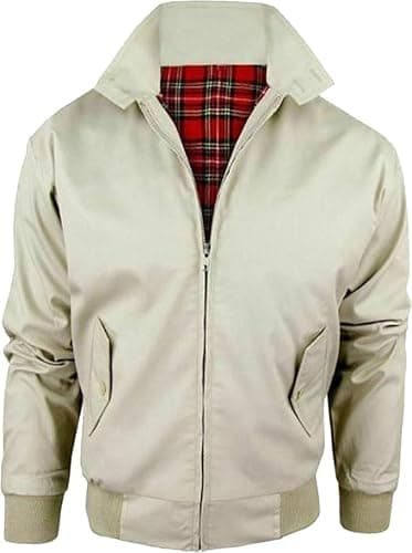 Image of LE11® Harrington Jacket – Smart Casual Unisex Men's & Women's Coat | Vintage Classic Retro 1970's Scooter MOD Skin Bomber | Tartan Lining British Style Zip-Up Bomber Jacket (Beige, Medium)