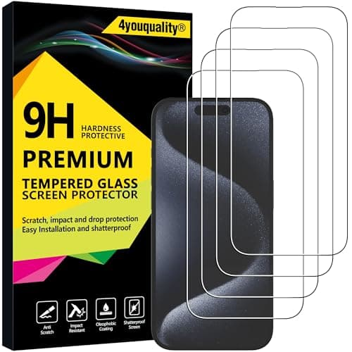 Image of 4youquality [4-Pack Screen Protector for iPhone 15 Pro (6.1-Inch), Tempered Glass Film, [LifetimeSupport][Impact-Protection][Anti-Shatter][Anti-Scratch]