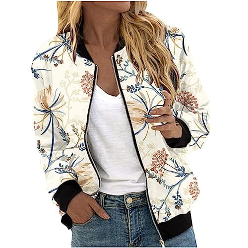 Image of Mrat Women's Bomber Jacket Zip Up Baseball Jacket Lightweight Flight Jackets Open Front Bomber Jackets Round Neck Long Sleeve Pullover Ladies Casual Solid Color Coat Shirts with Pockets UK Size