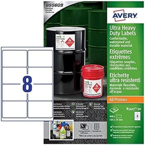 Image of Avery Ultra Heavy Duty Industrial Waterproof Labels, 105 x 74 mm A4, Extremely Strong Adhesive, idea for Difficult Surfaces, Printable and Suitable for Outdoor use. 8 Labels per A4 Blank White Sheet